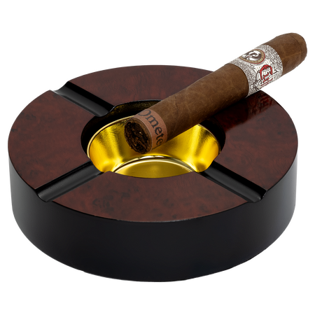 4-Finger Round Wooden Cigar Ashtray - View With Cigar