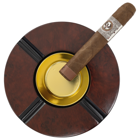 4-Finger Round Wooden Cigar Ashtray - Top View With Cigar