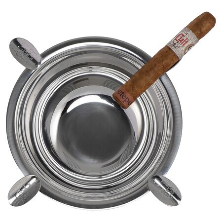Original 4 Stirrup Stainless Steel Stinky Cigar Ashtray - Top View With Cigar