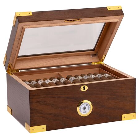 100 Count Milano Glass-Top Humidor - Open Side View with Cigars